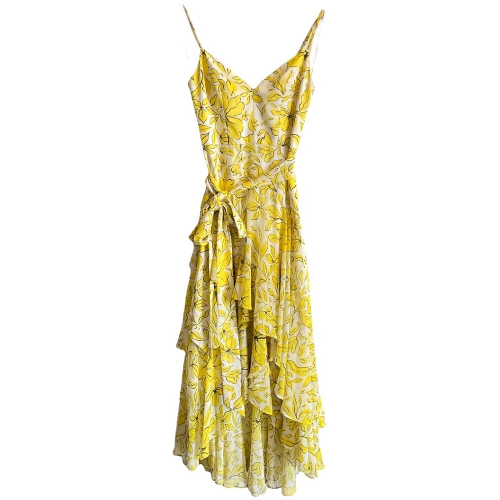 Badgley Mischka Yellow Floral Tiered Ruffle Dress Womens Dress Size 0 -